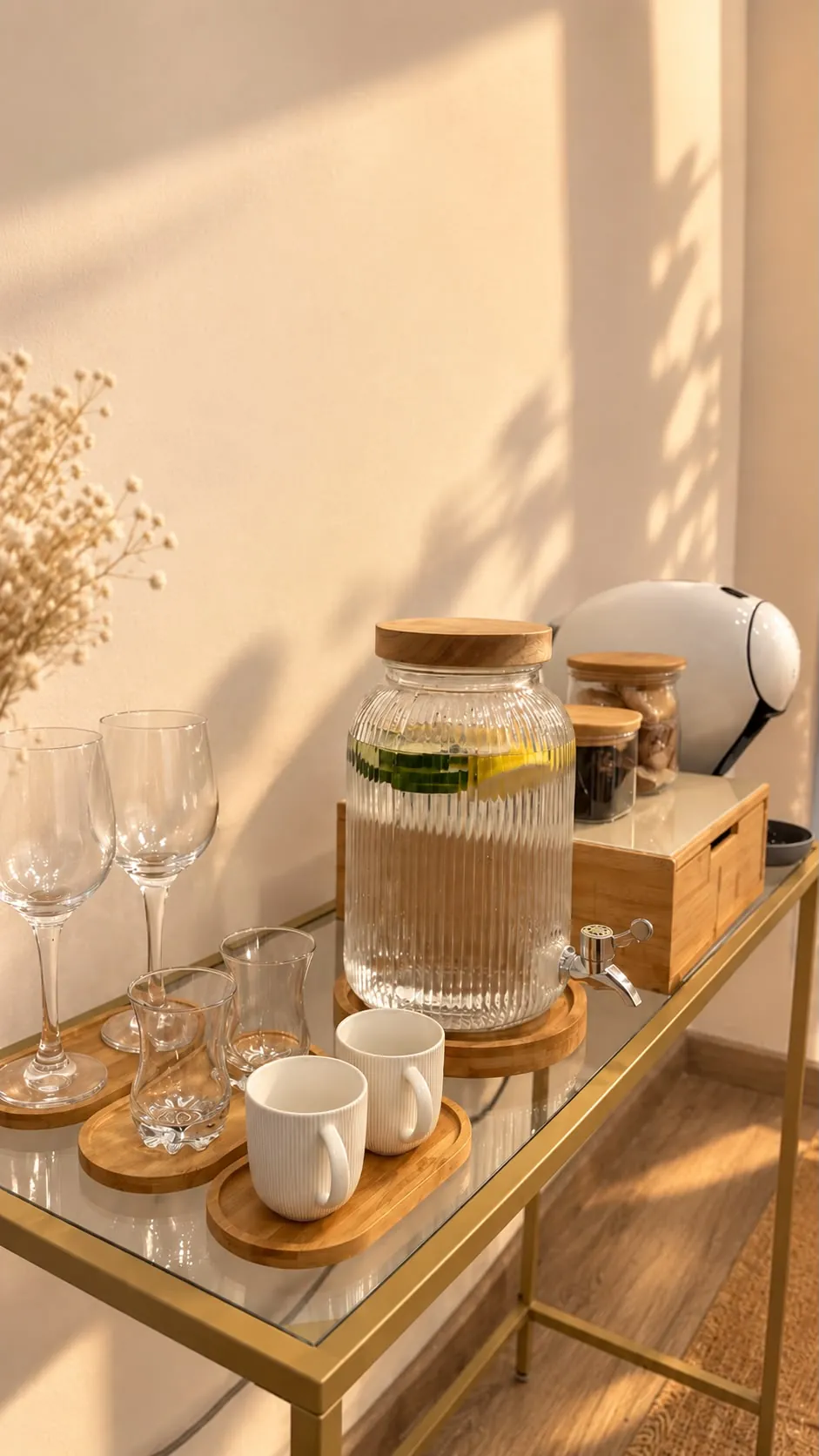 Rincón de bienvenida del centro con agua con fruta, tazas y café